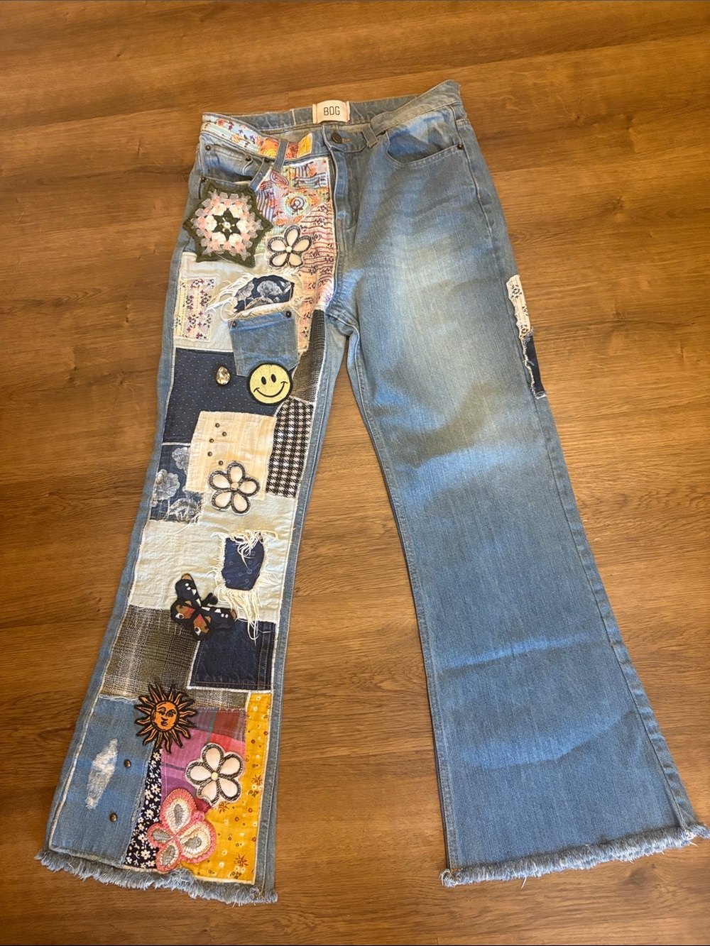 BDG Light Blue Denim Patchwork Flare Jeans with Multicolor Accents
